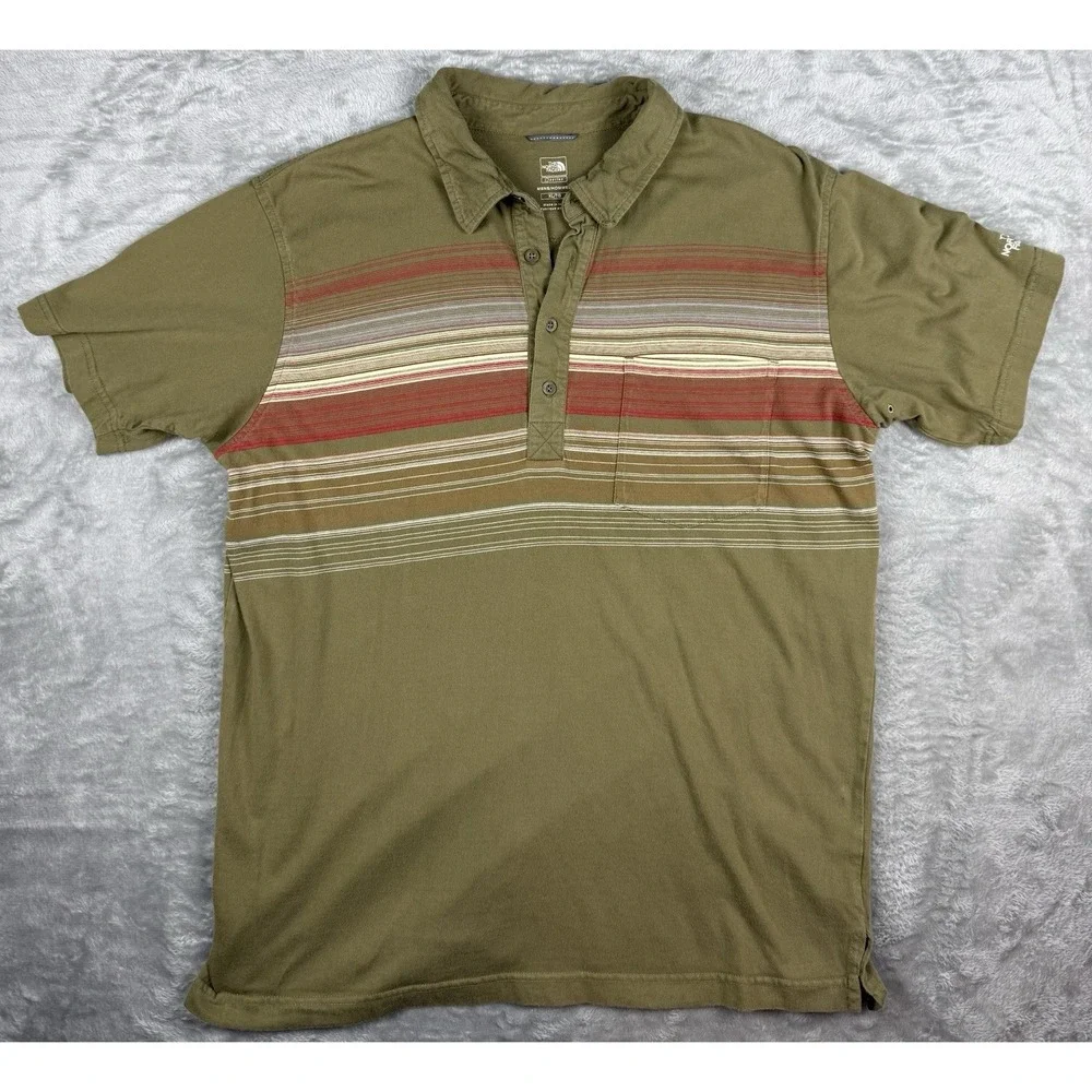 The North Face Polo Shirt Mens XL Green Striped Short Sleeve Cotton Casual